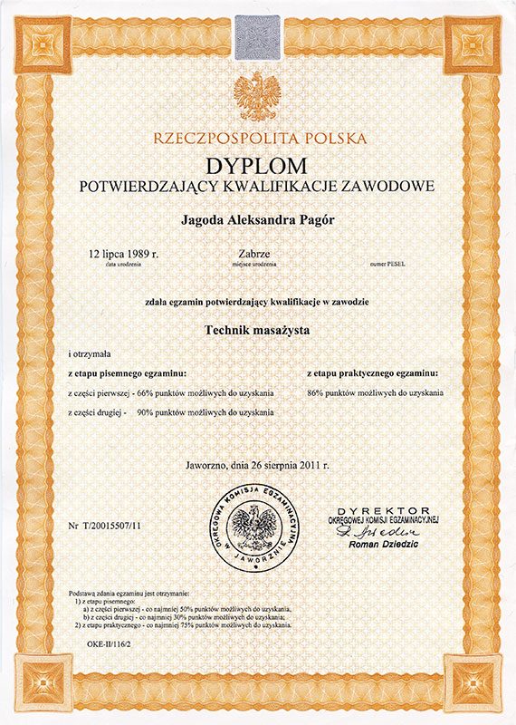 Dokument: Dyplom technika masażysty